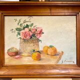 Old painting, still life with roses and oranges, signed circa 1950.