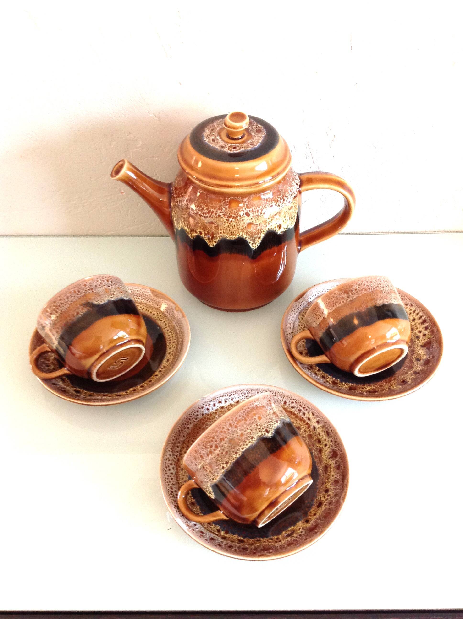 Hawaiian decor coffee service from the Sarreguemines faience factories / vintage 60s-70s