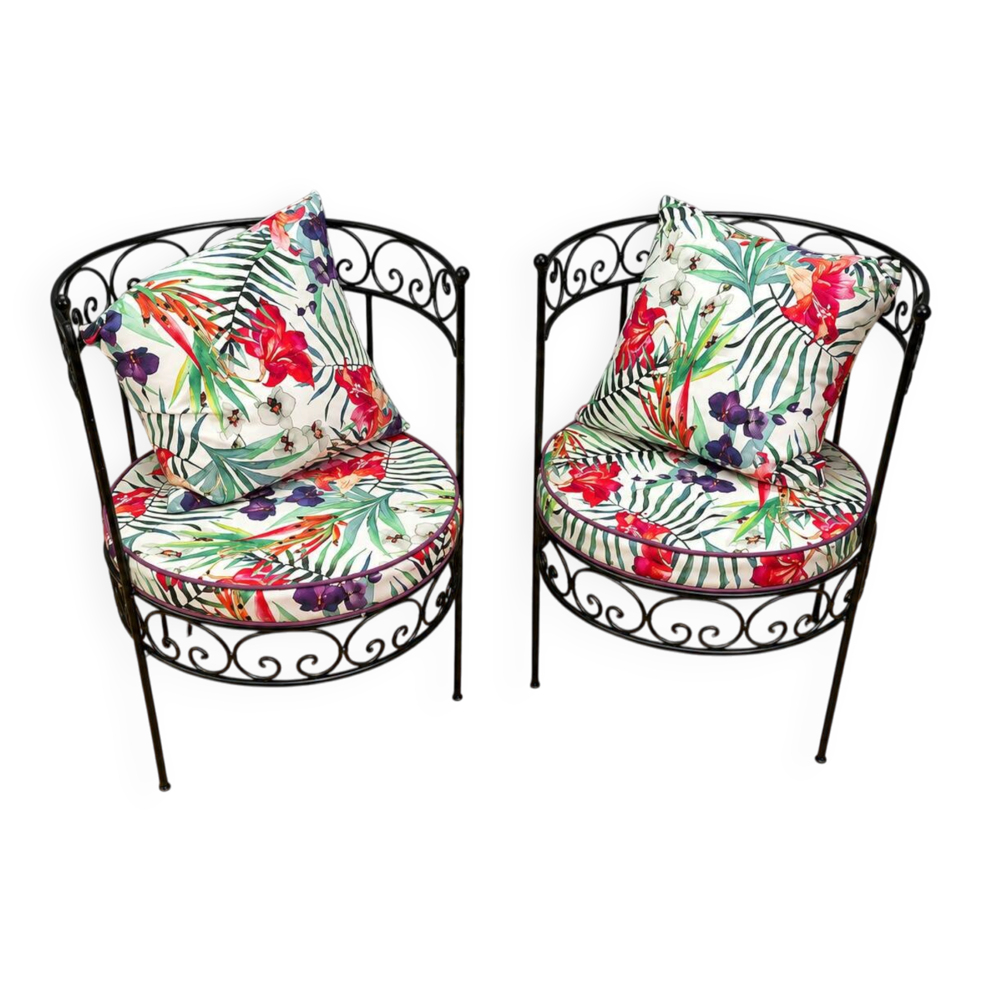 Paire de fauteuils Vintage en fer forgé avec coussins a motifs tropicaux