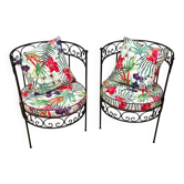 Paire de fauteuils Vintage en fer forgé avec coussins a motifs tropicaux