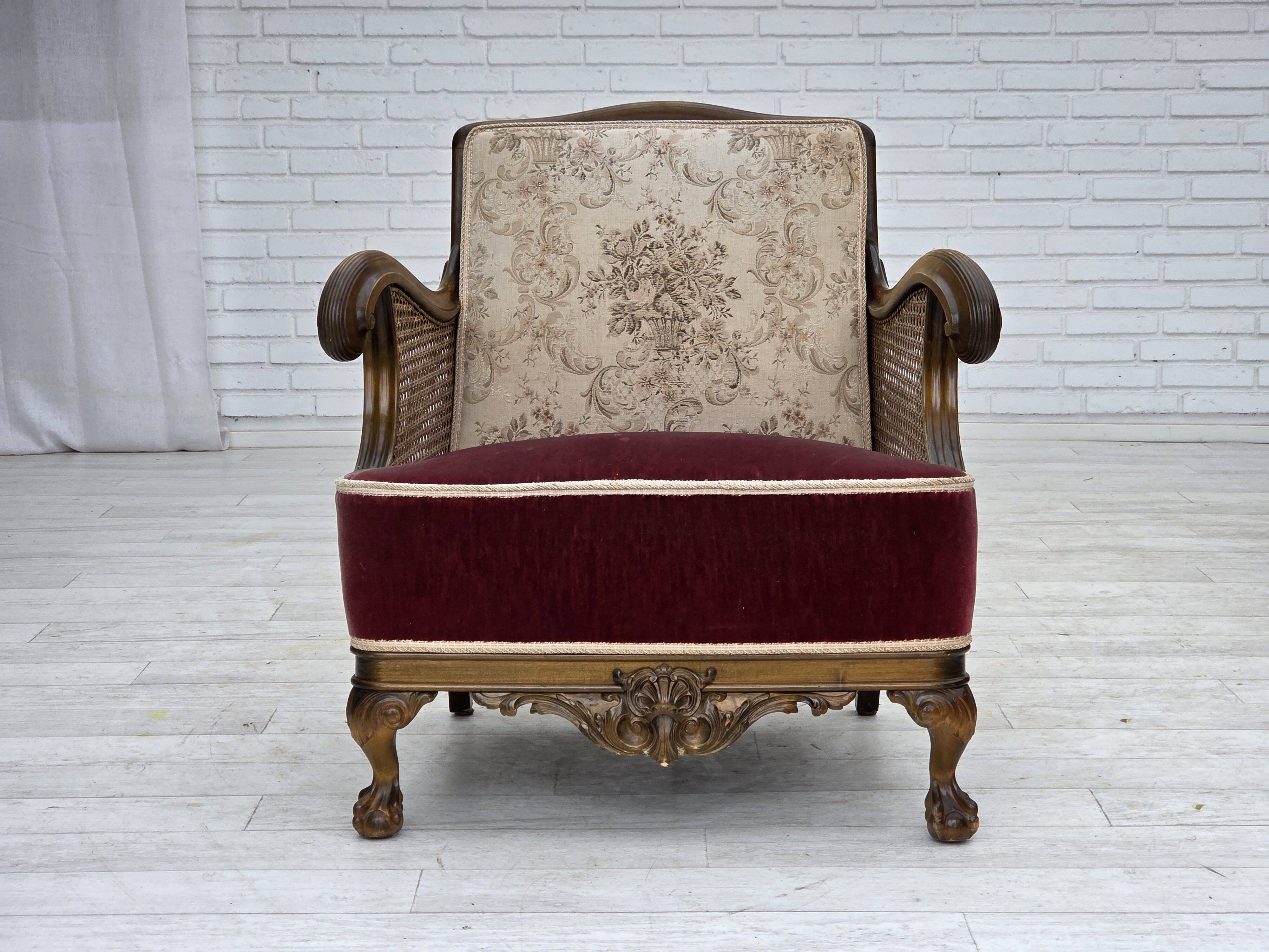 1940s, Danish armchair, woven wool, velour, mesh, carved oak wood.