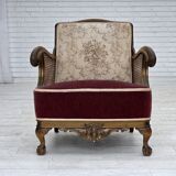 1940s, Danish armchair, woven wool, velour, mesh, carved oak wood.
