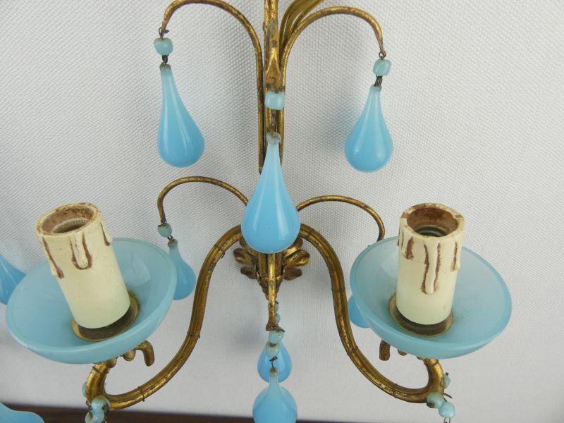 Pair of vintage wall lamps Murano blue opaline tassels