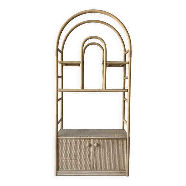 Grande vitrine vintage en bambou et rotin, années 1980