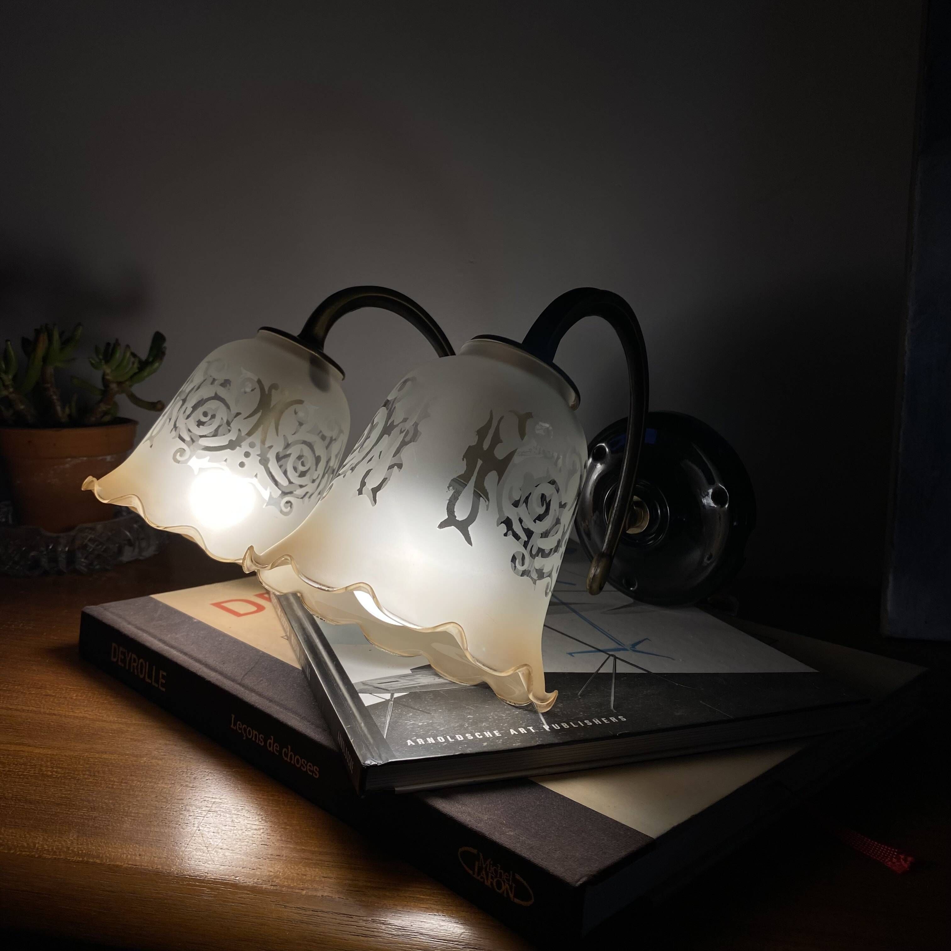 Pair of brass swan neck wall sconces, glass tulips with screen printing.