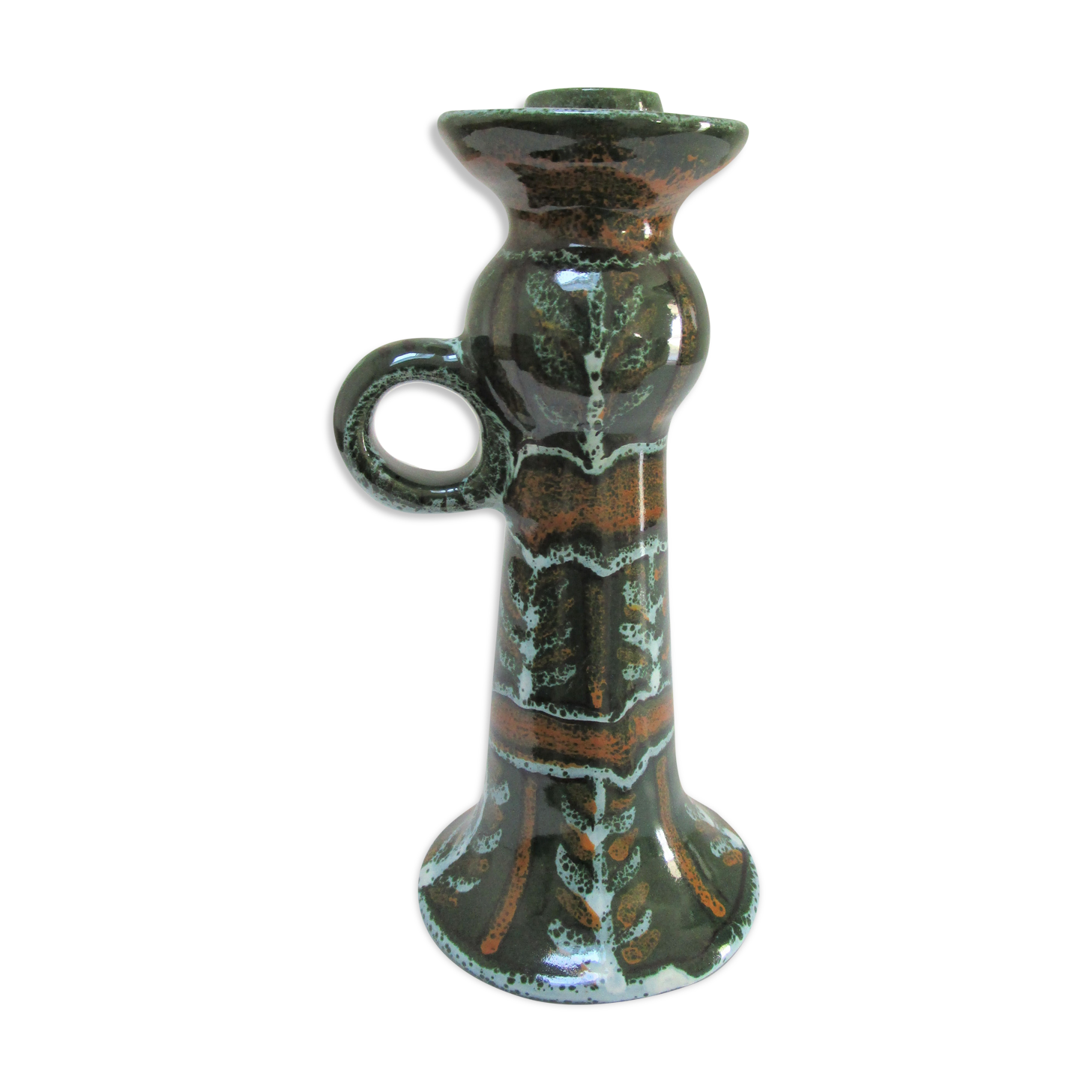 enamelled ceramic candle holder signed "S" plant decoration 70s