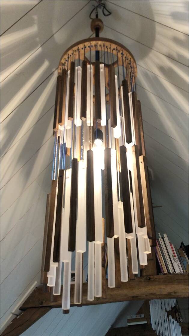 Walnut and plexiglass tube pendant light