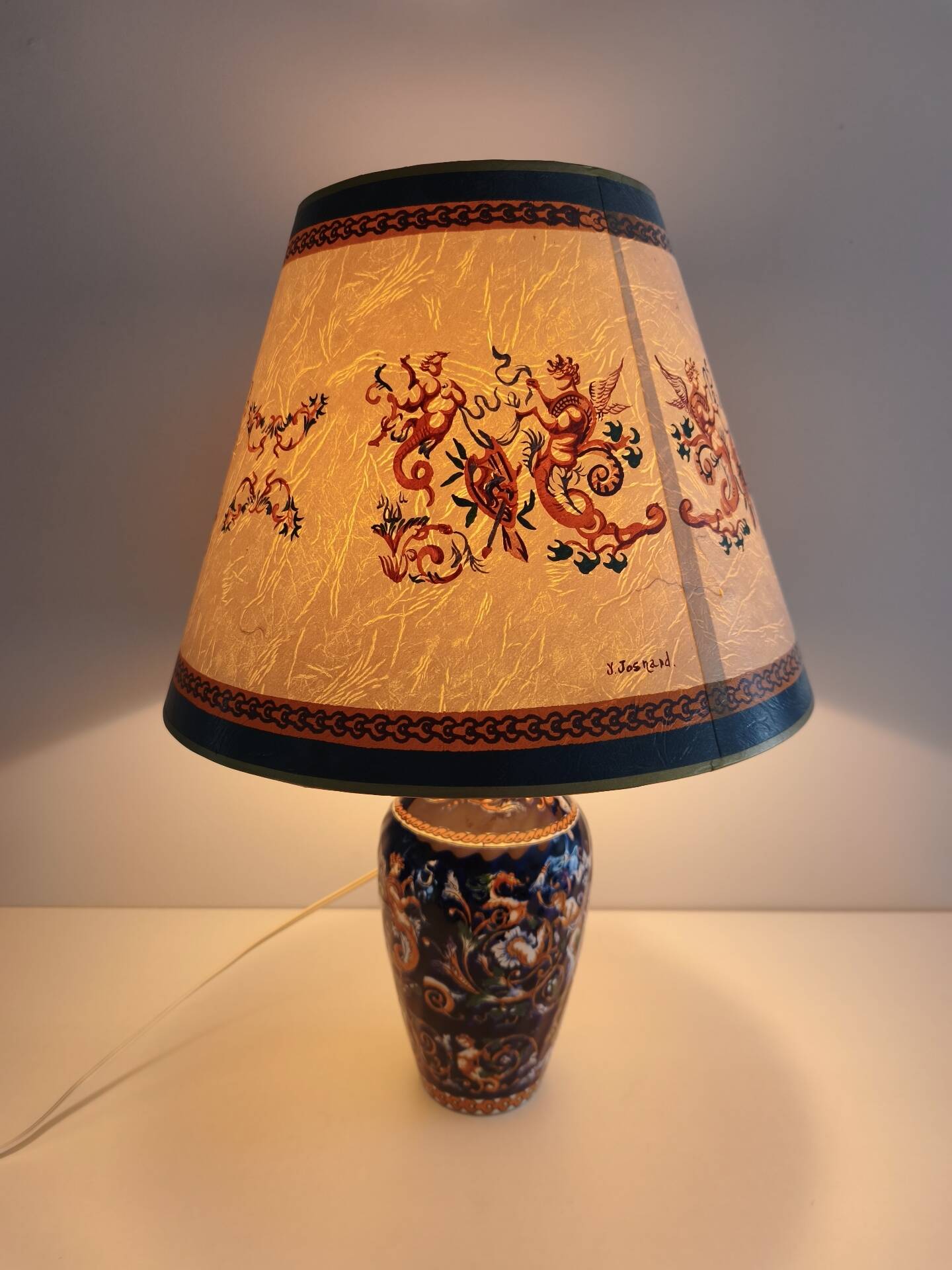 Grande lampe à poser faïence de Gien abat-jour d'origine - Renaissance