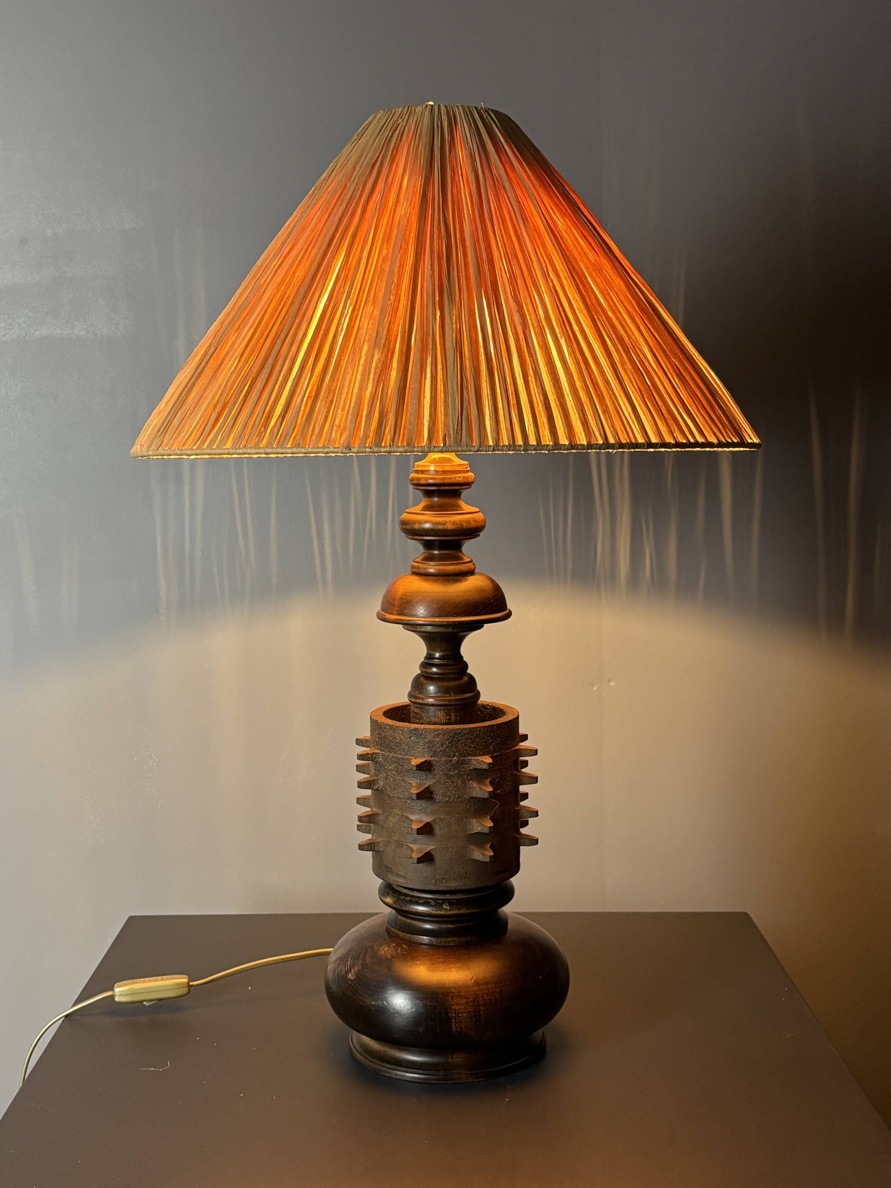 Brutalist wood turned and cast iron large table lamp, 1960s