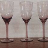 3 purple crystal flutes with finely engraved patterns from the 70s