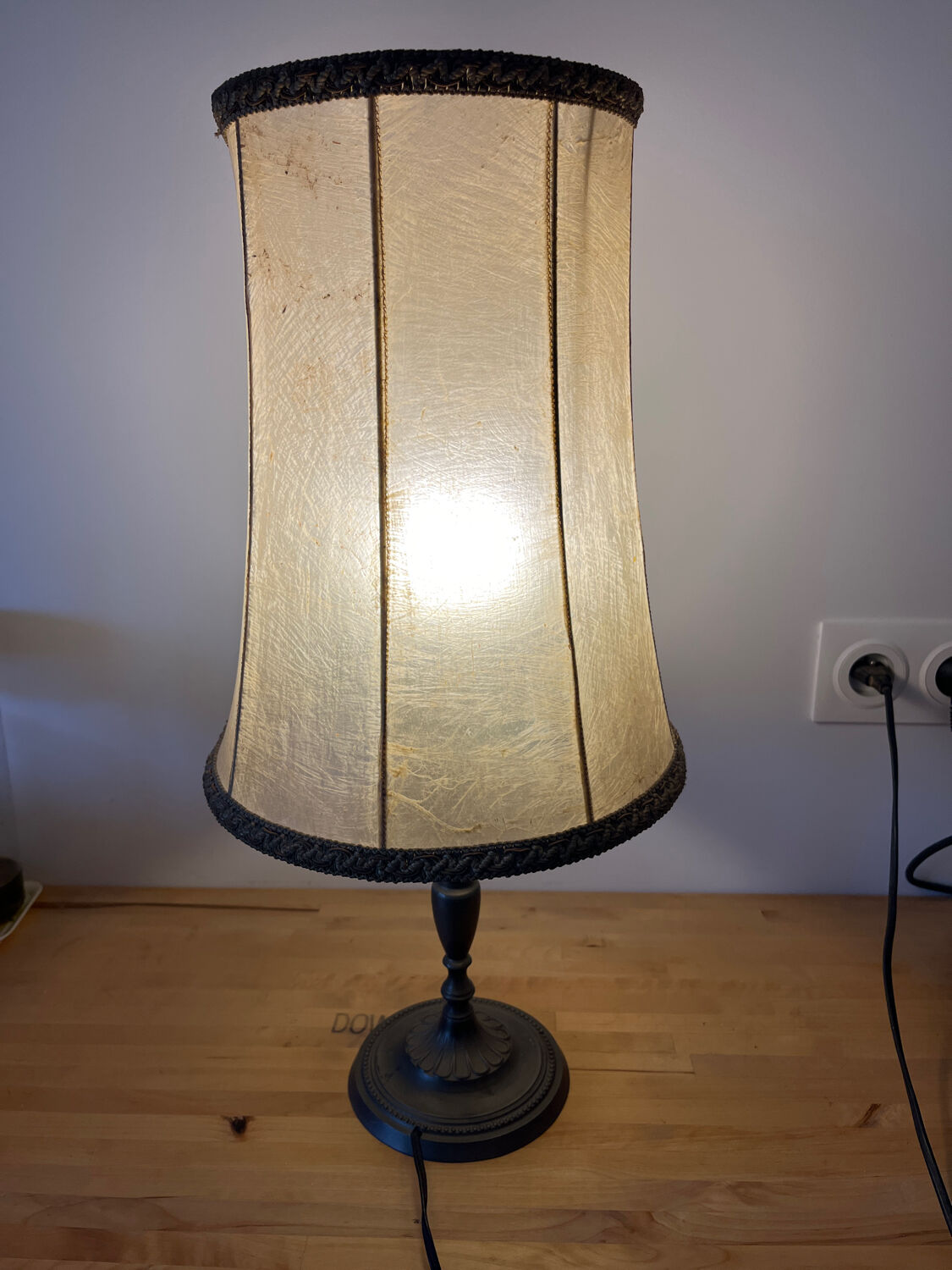Vintage table lamp, front light, rice paper, pewter base, signed