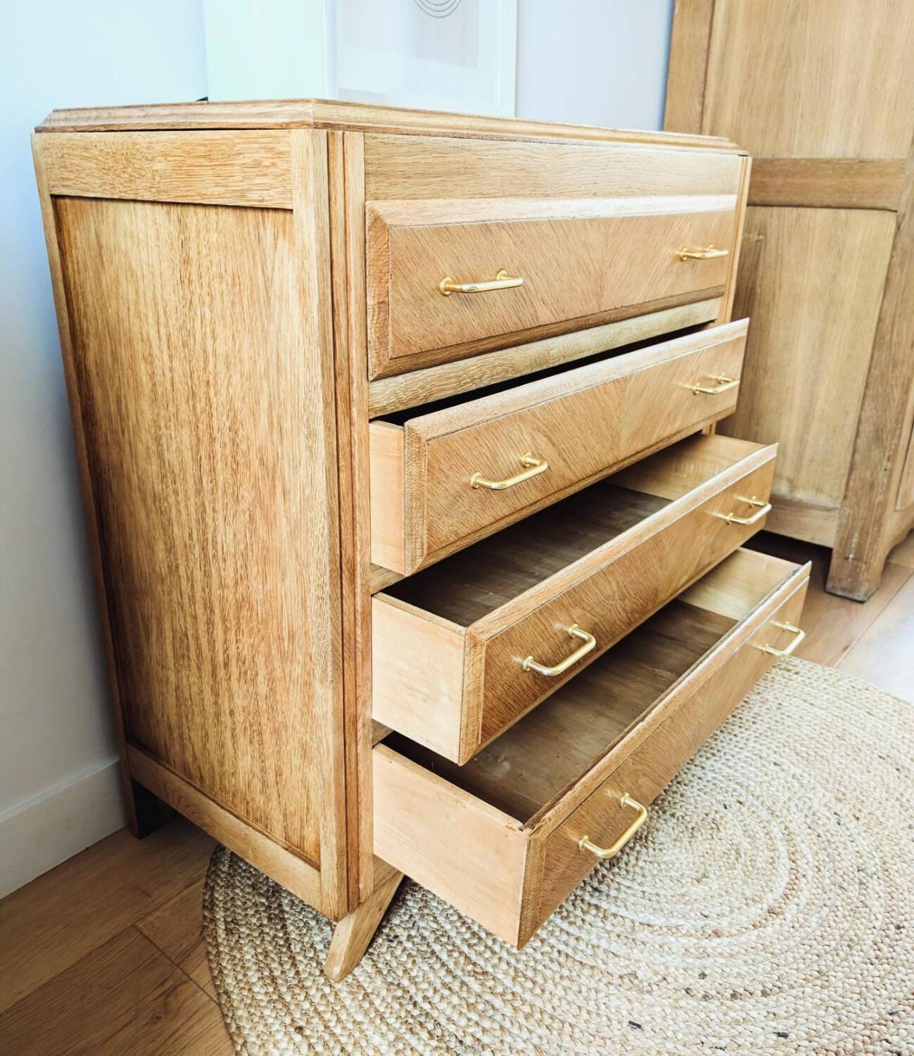 Vintage oak chest of drawers with compass feet