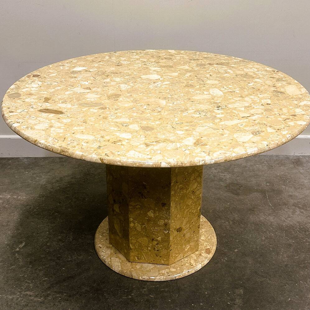 Round breccia marble pedestal table | 1980s vintage stone dining table | Postmodern