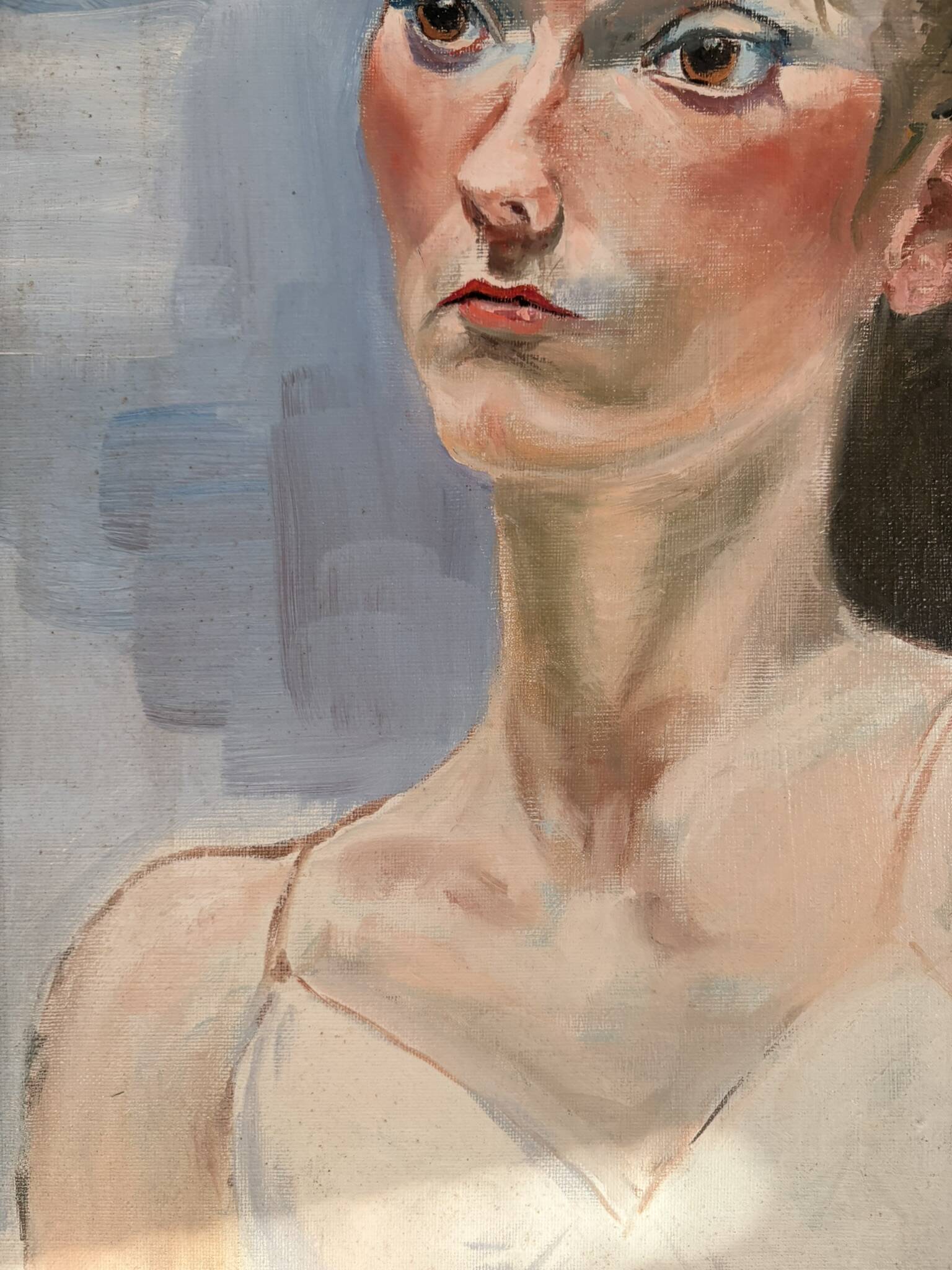 Ancien Peinture Huile Toile Femme Portrait Nue Blonde Enervée Sentiment