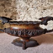 Large antique cast iron planter on a stand, brown-gold patina, France, circa 1900.