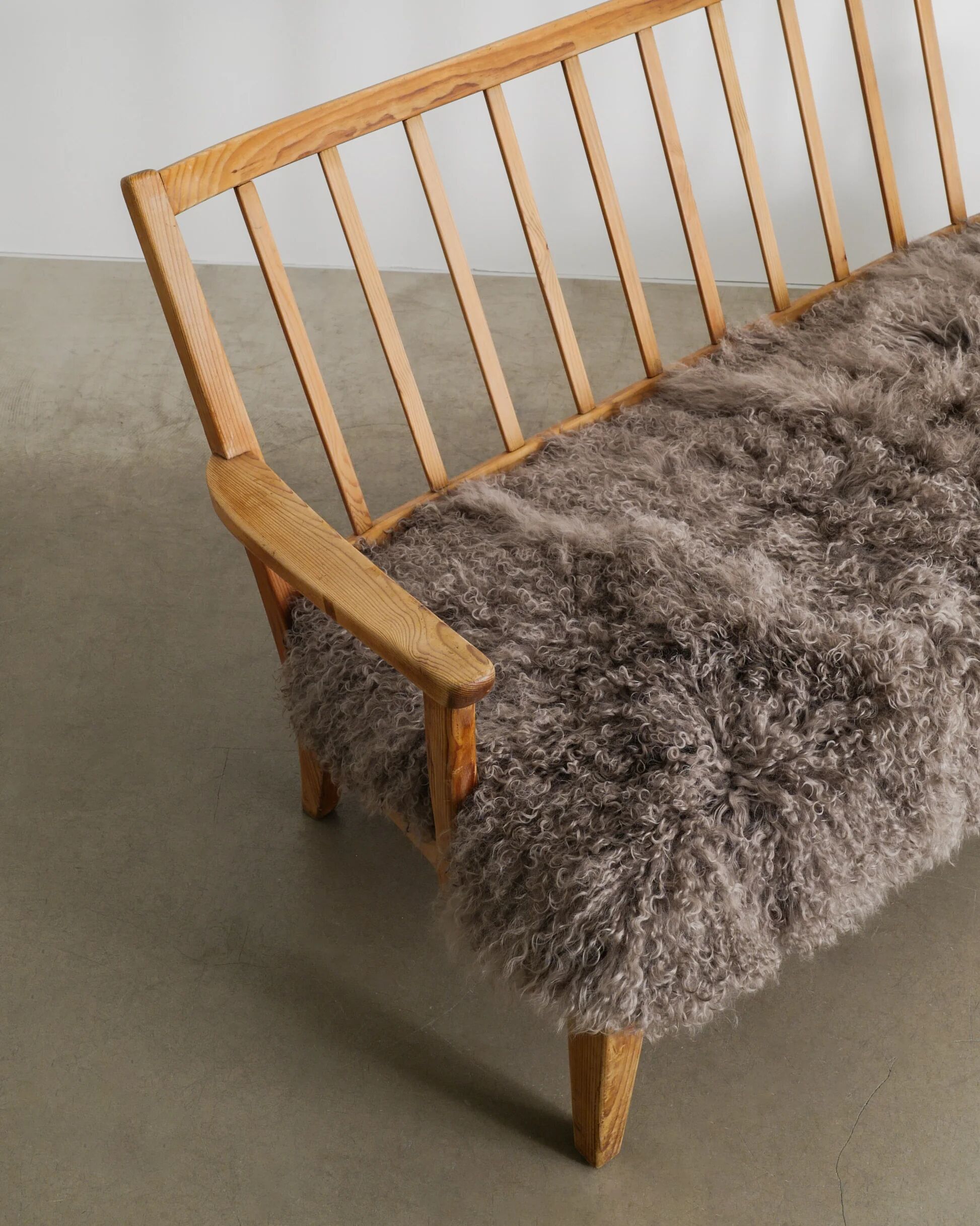 Early Swedish Modern Wooden Pine Sheepskin Sofa by Carl Malmsten, 1940s