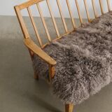 Early Swedish Modern Wooden Pine Sheepskin Sofa by Carl Malmsten, 1940s