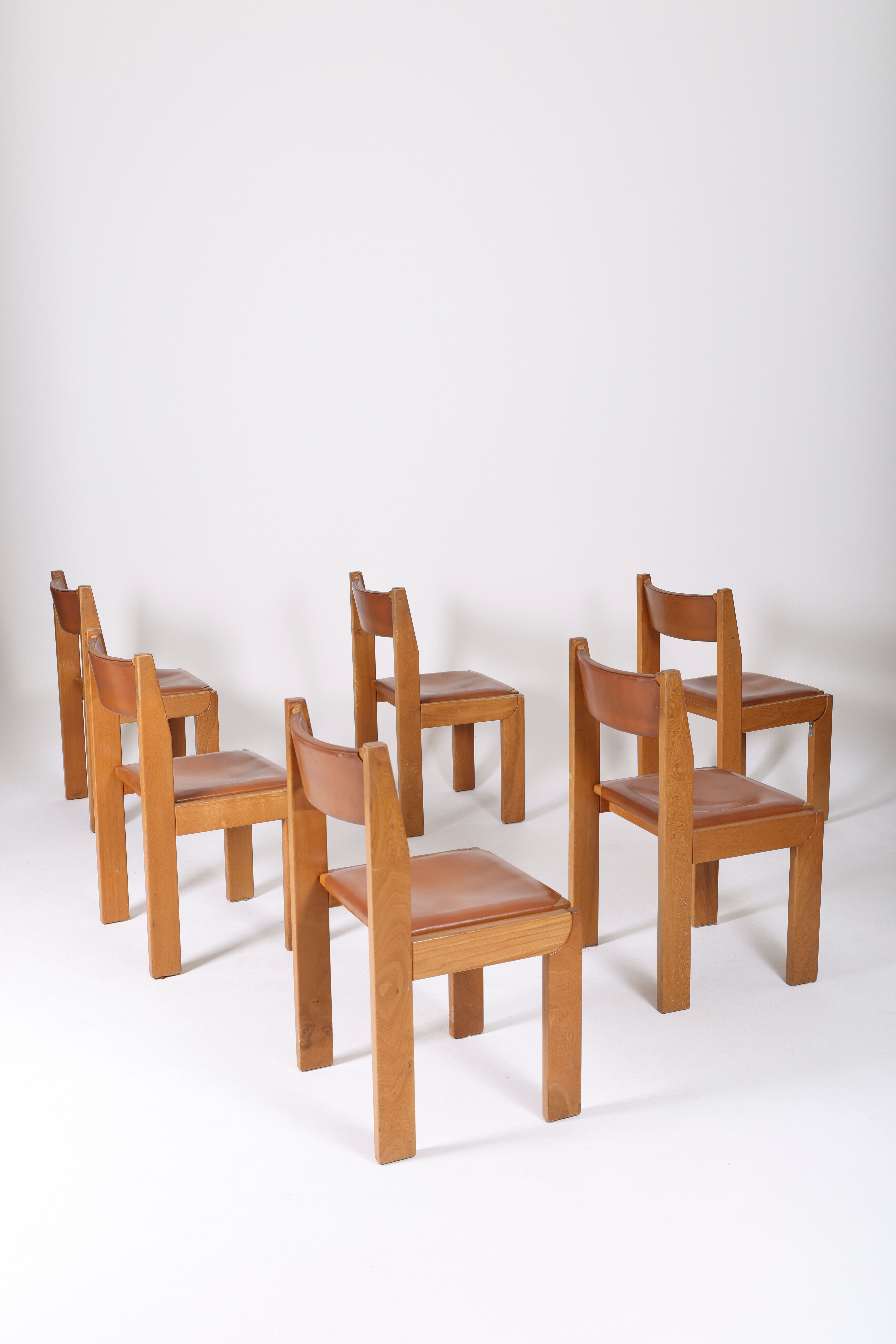 Chaises marron en cuir et bois, 1970s