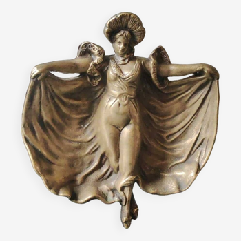 Vide poche/Cendrier style Art Nouveau/Danseuse de cabaret Parisienne de la Belle époque - En bronze à patine dorée. Dim. 17 x 15 cm