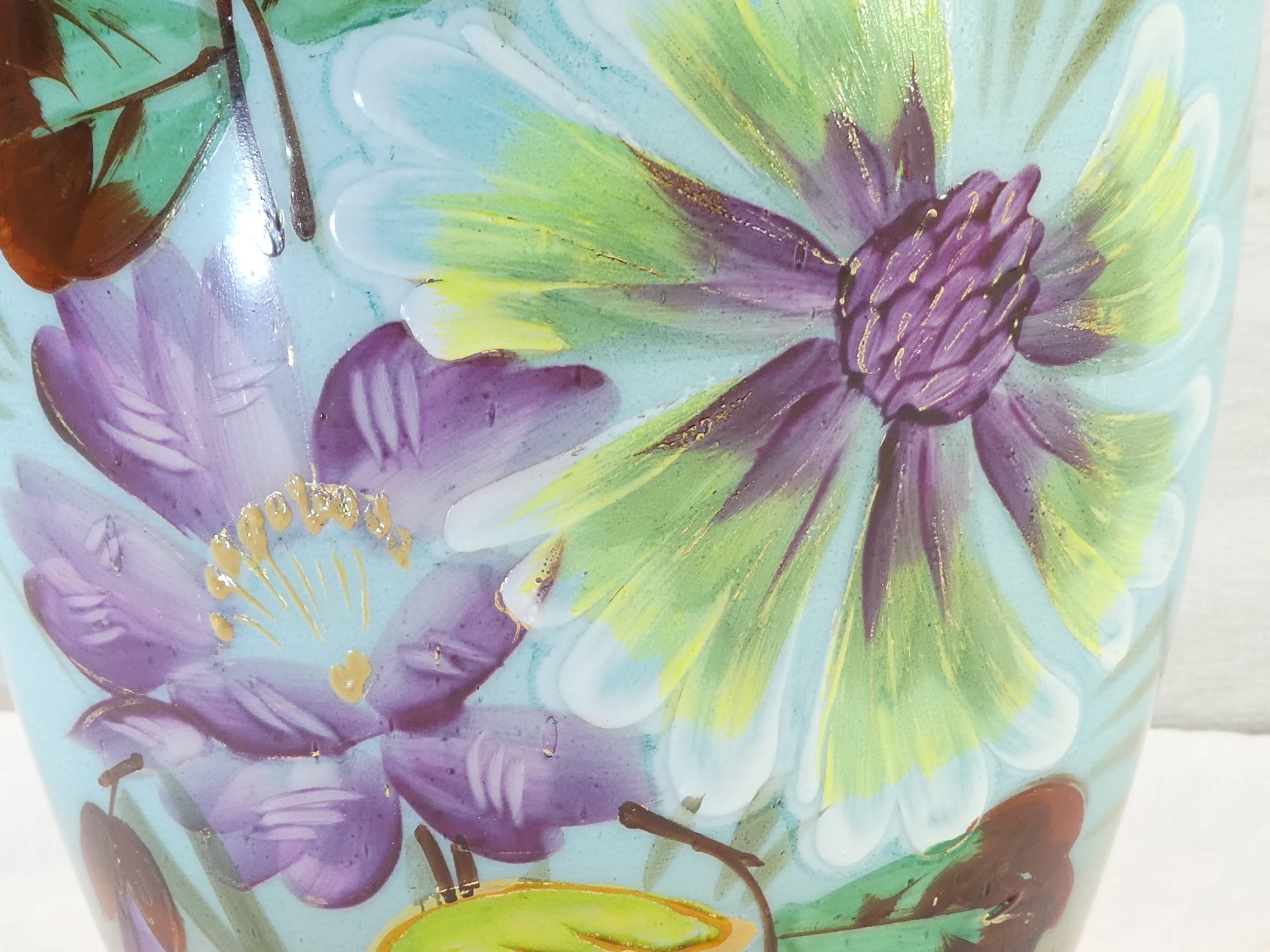 Vase in opaline opaline glass hand painted flower decoration