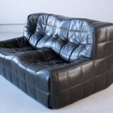 Ensemble de Salon Kashima Vintage en Cuir Noir par Michel Ducaroy pour Ligne Roset, 1976, Set de 3