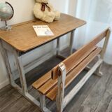Double school desk in wood and patinated gray