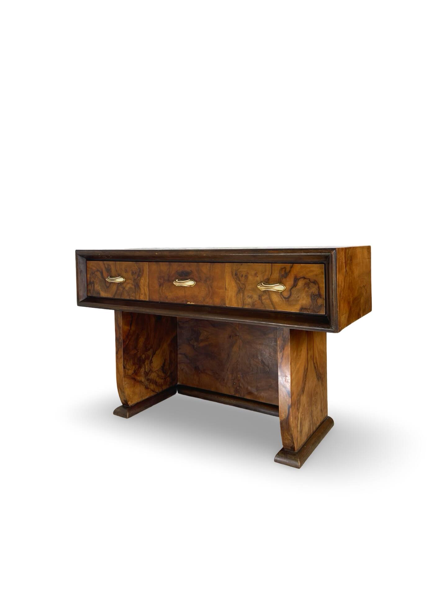 Italian burl walnut art deco console table, 1930s.