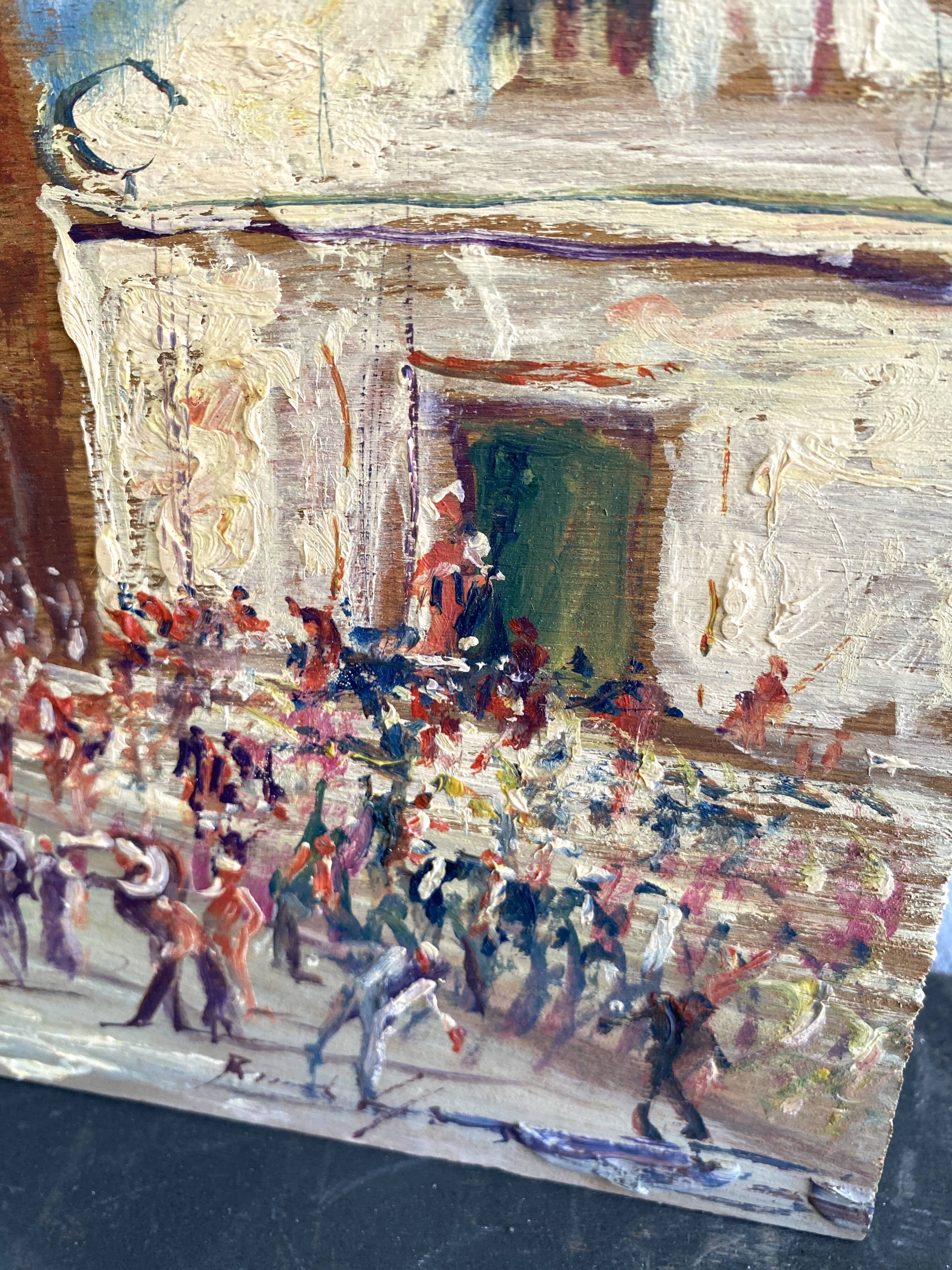 Oil on wood, “village festival”, Italy, 1960s