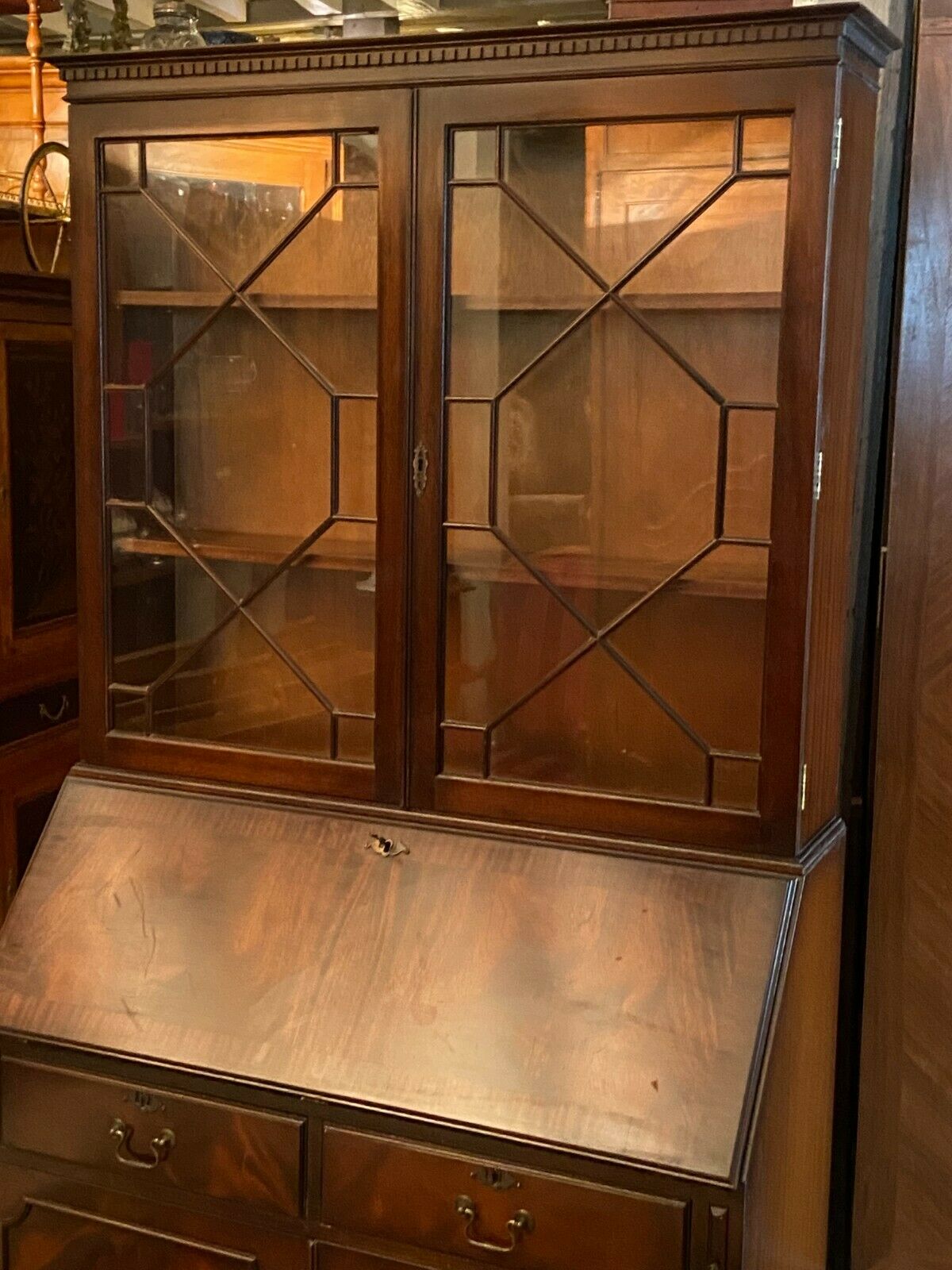 English Scriban two body secretary office showcase library in mahogany