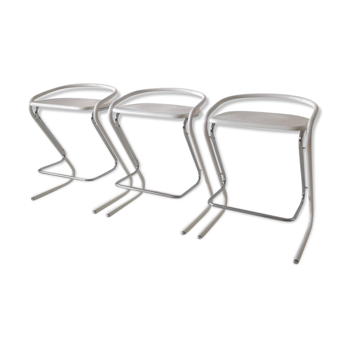 Set of three white and chrome bar stools by Thema Italy to the 1970s