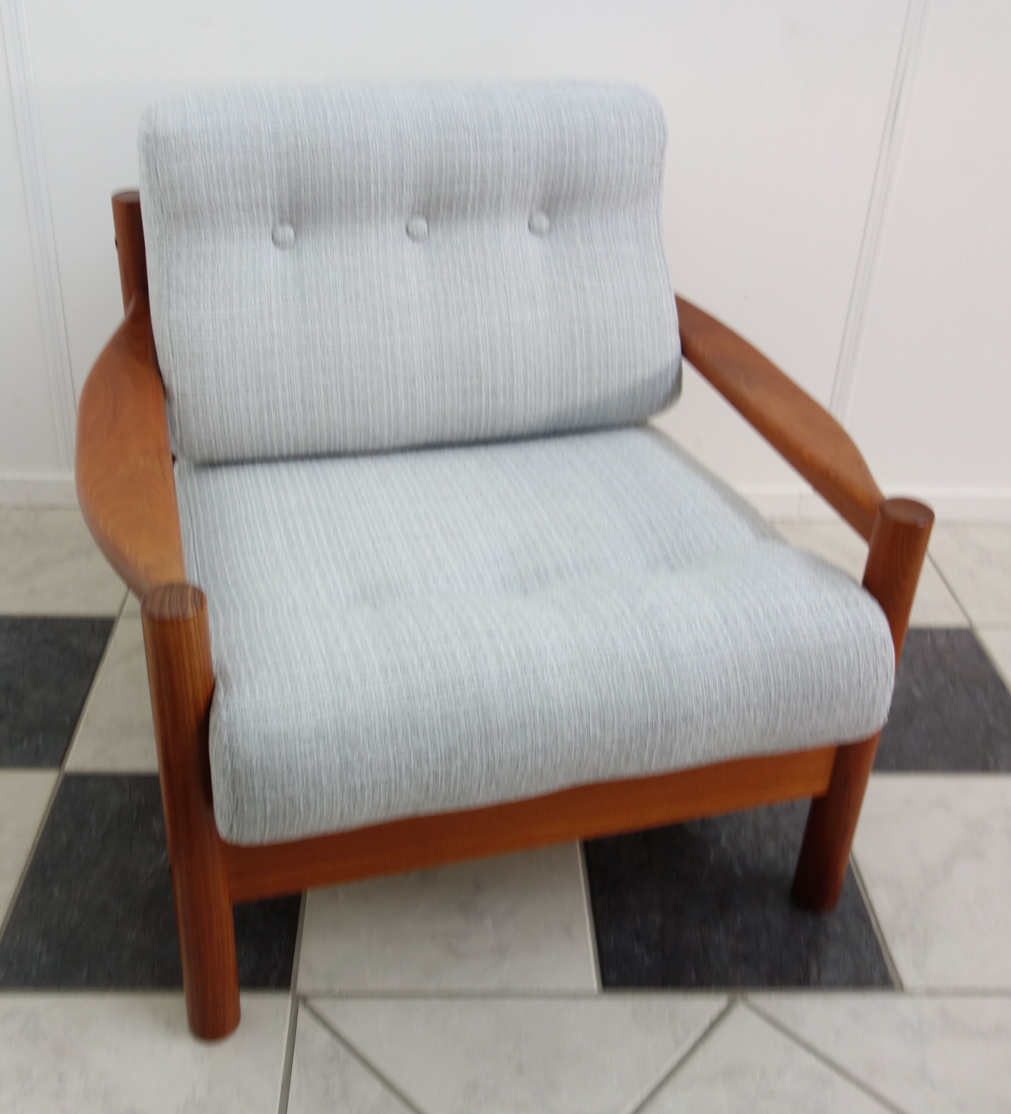 Teak danish chair with light grey upholstery