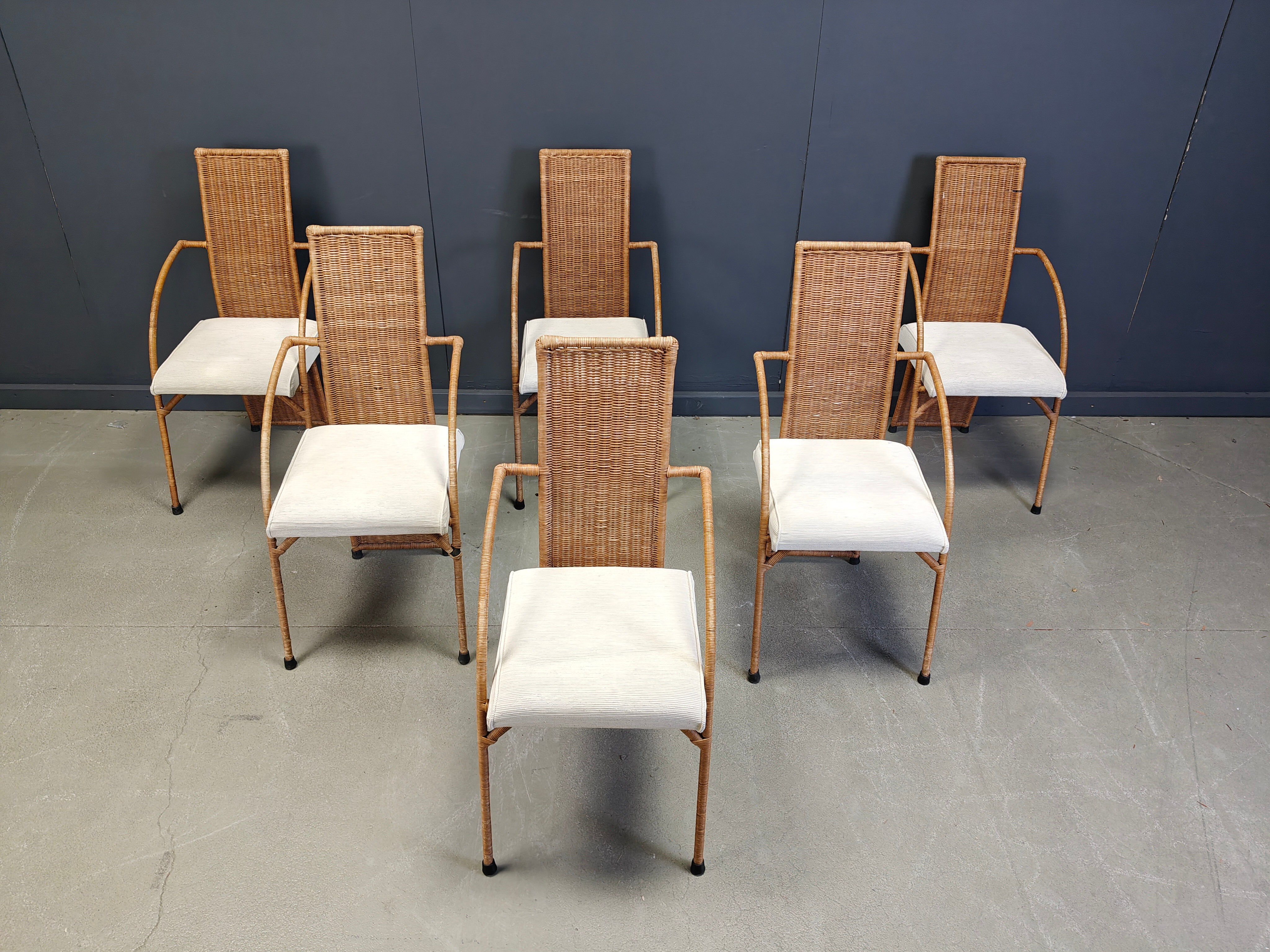 Vintage high back wicker dining chairs, 1980s - set of 6