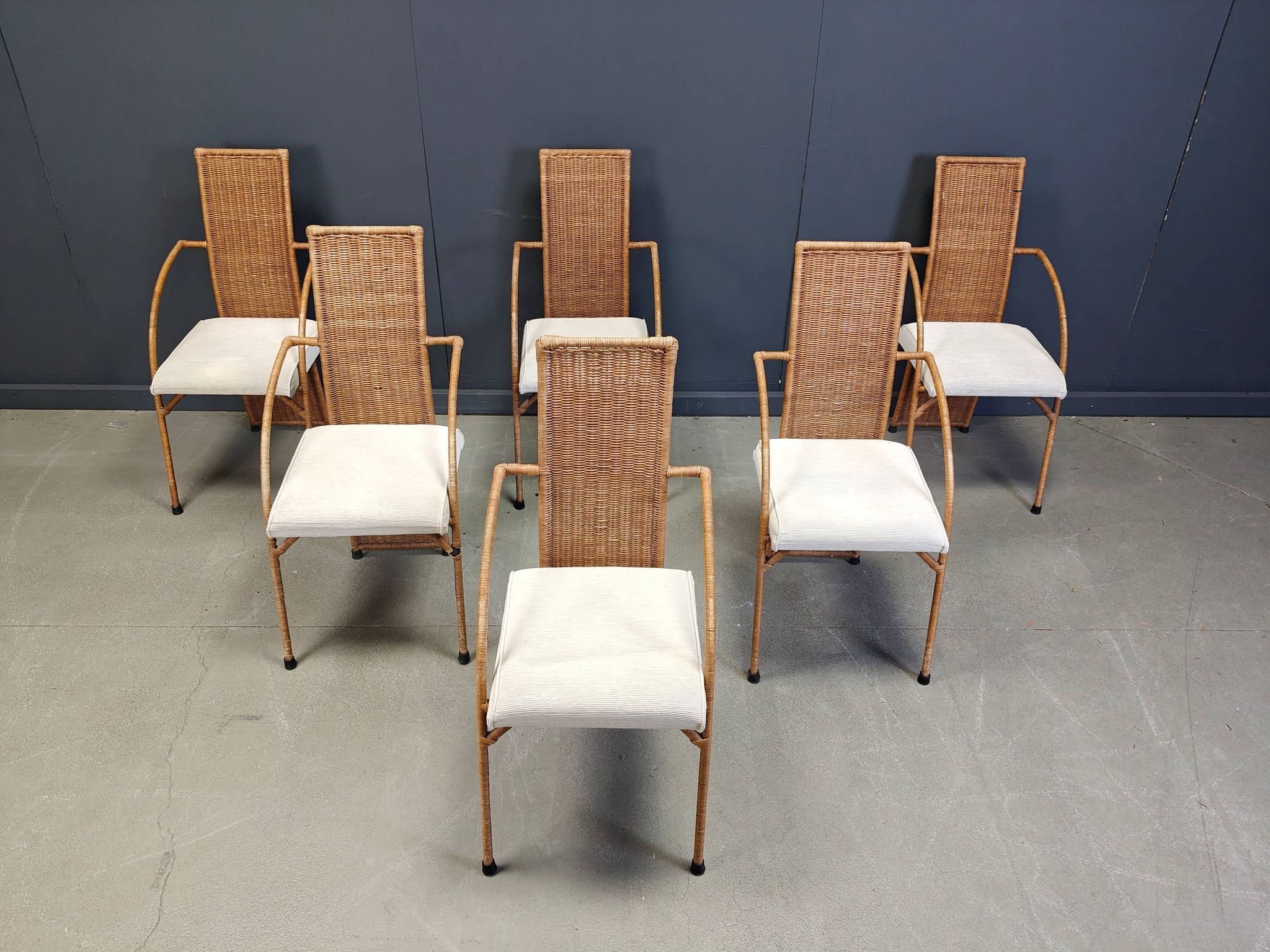 Vintage wicker dining chairs with high backs, 1980s - set of 6