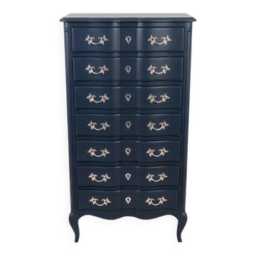 Seven-drawer nightstand in blue night, Louis XIV style.