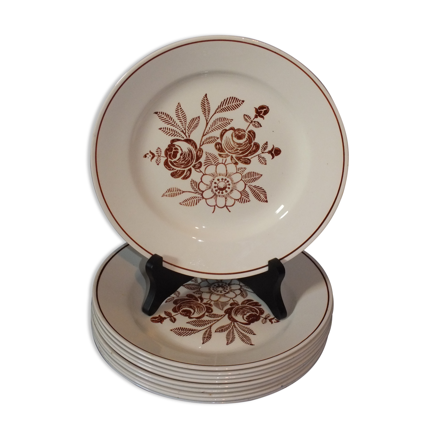 10 vintage flat plates - Brown Roses
