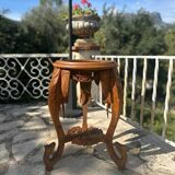 Small carved solid walnut side table with marble top