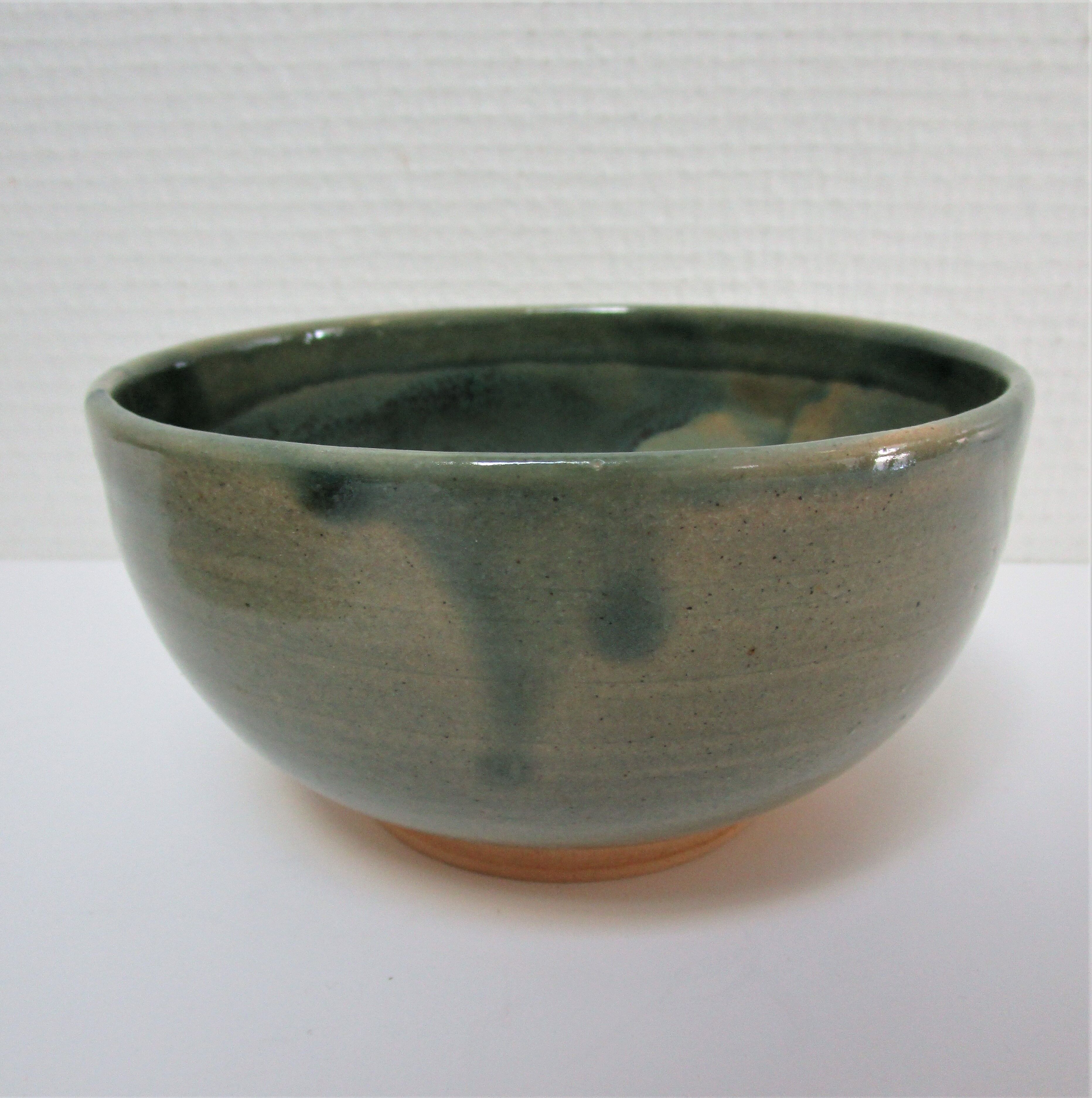 Bowl and round ceramic dish enamelled blue green brown vintage signed vintage