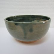 Bowl and round ceramic dish enamelled blue green brown vintage signed vintage