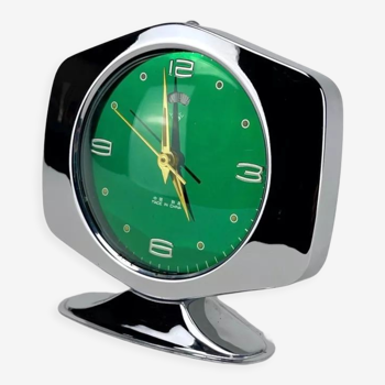 Space Age Diamond chrome metal alarm clock and 70's green dial