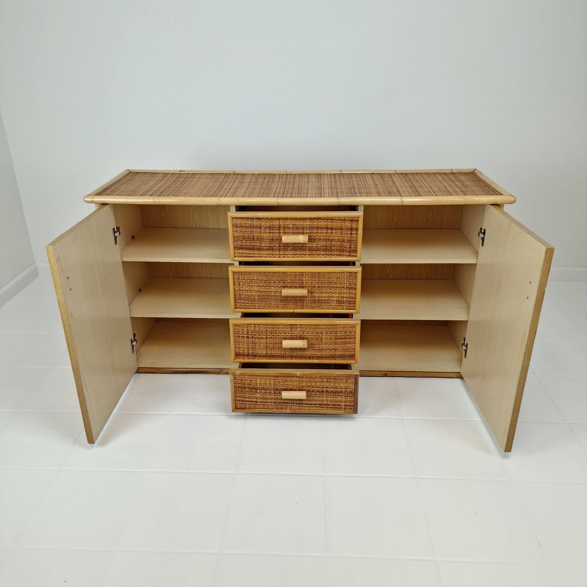 Italian Bamboo and Rattan Chest of Drawers or Credenza, 1980s