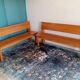 Pair of 1950s solid oak benches with backrests