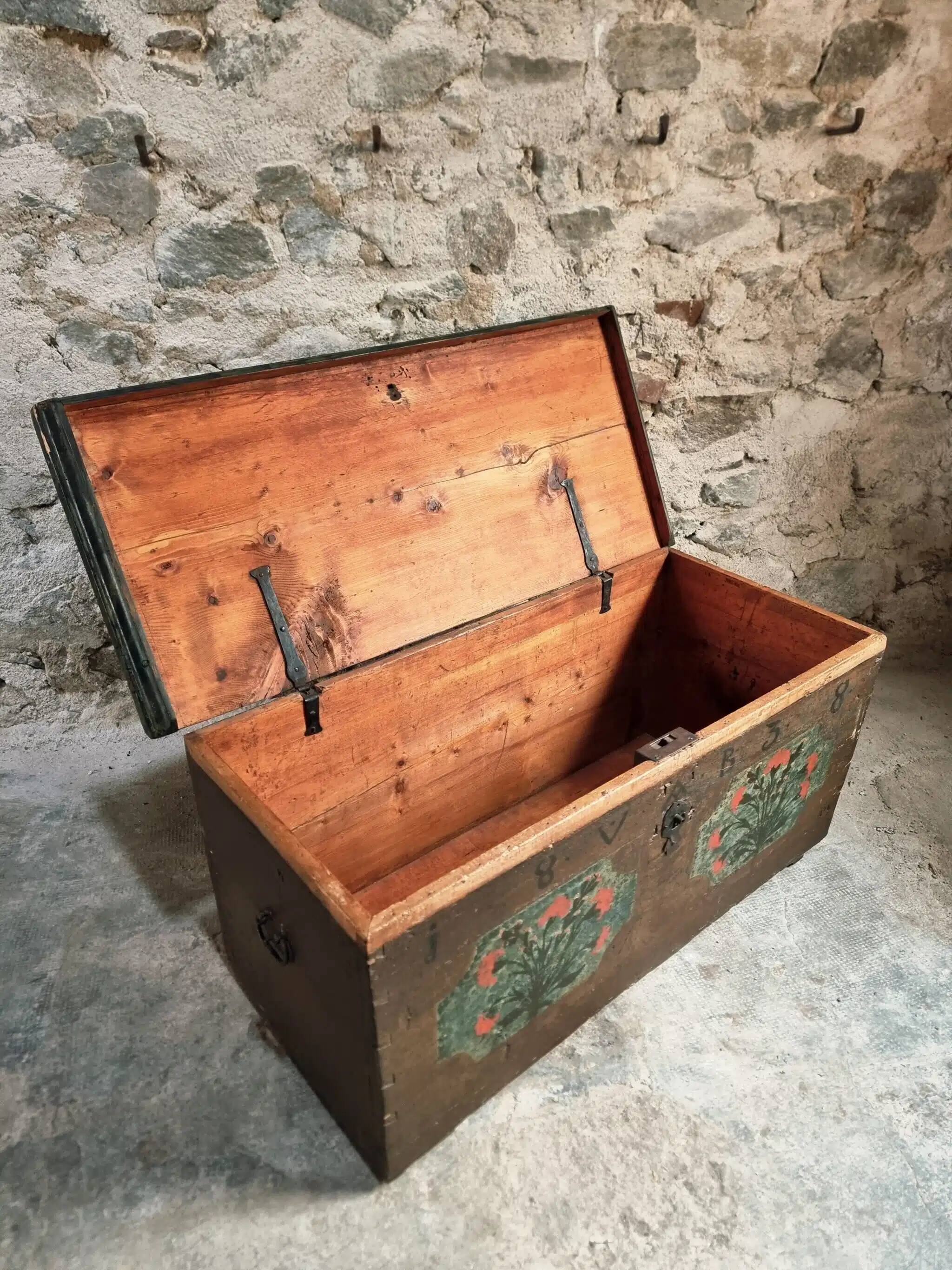 Antique French pine chest – 1838, painted folk art