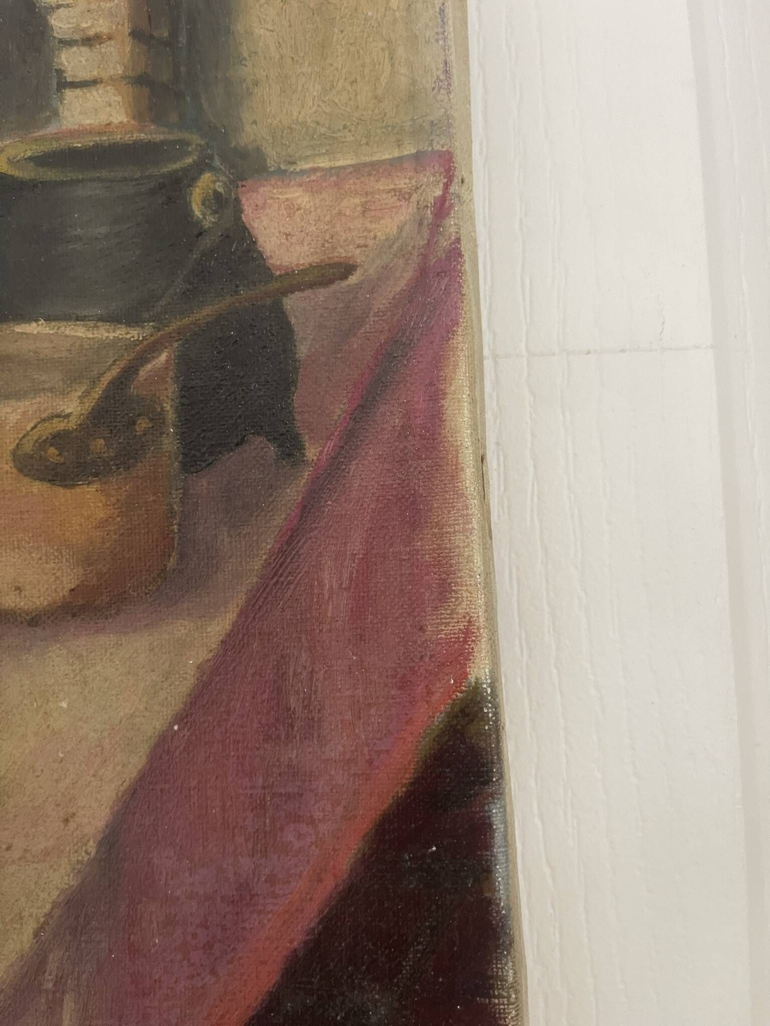 Old oil painting canvas still life kitchen fireplace faraoni