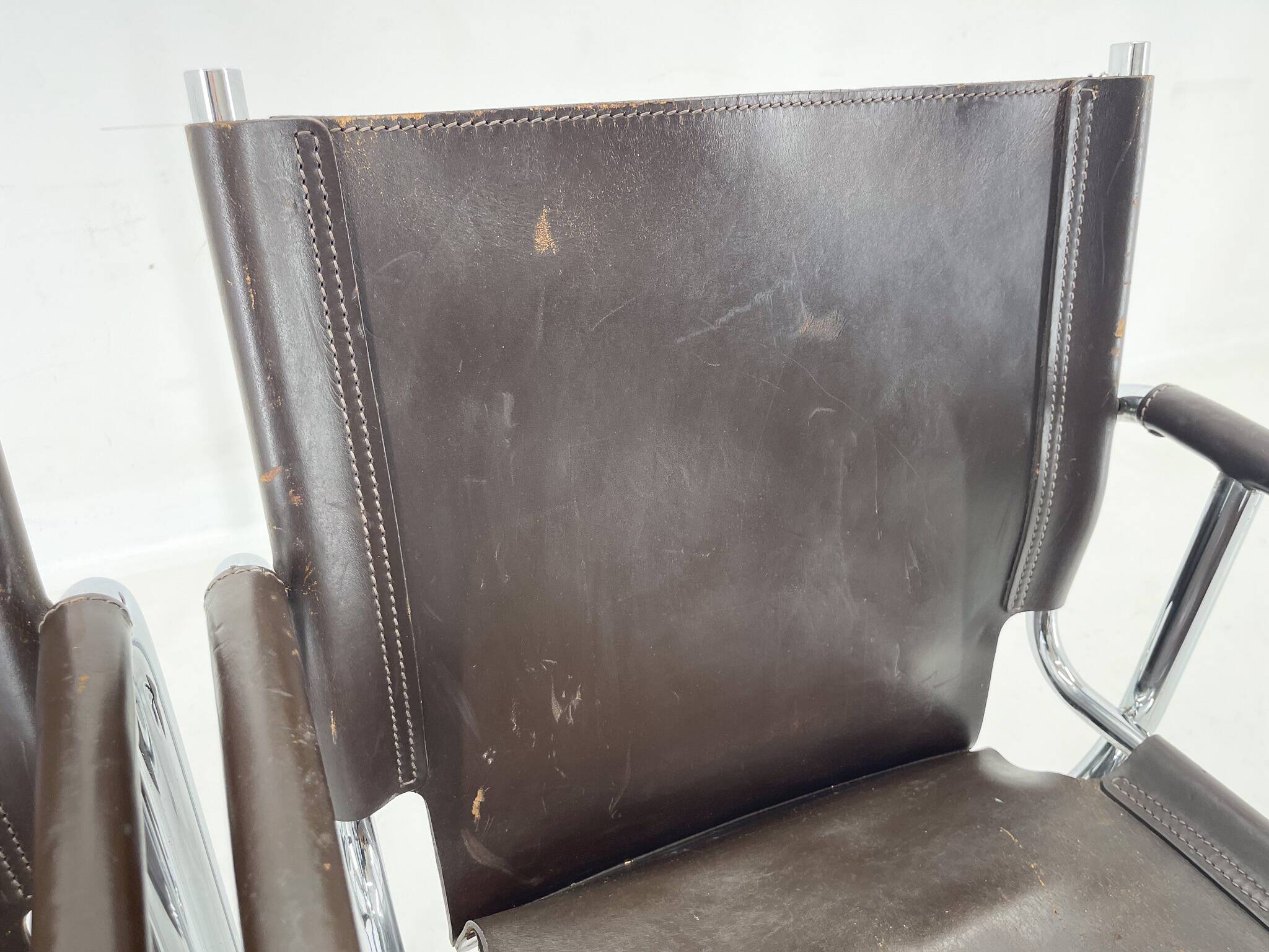 Pair of 1970s Vintage Hans Eichenberger Leather & Chrome Lounge Chairs, Labeled