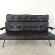 Canapé vintage en cuir noir et chrome, années 1970