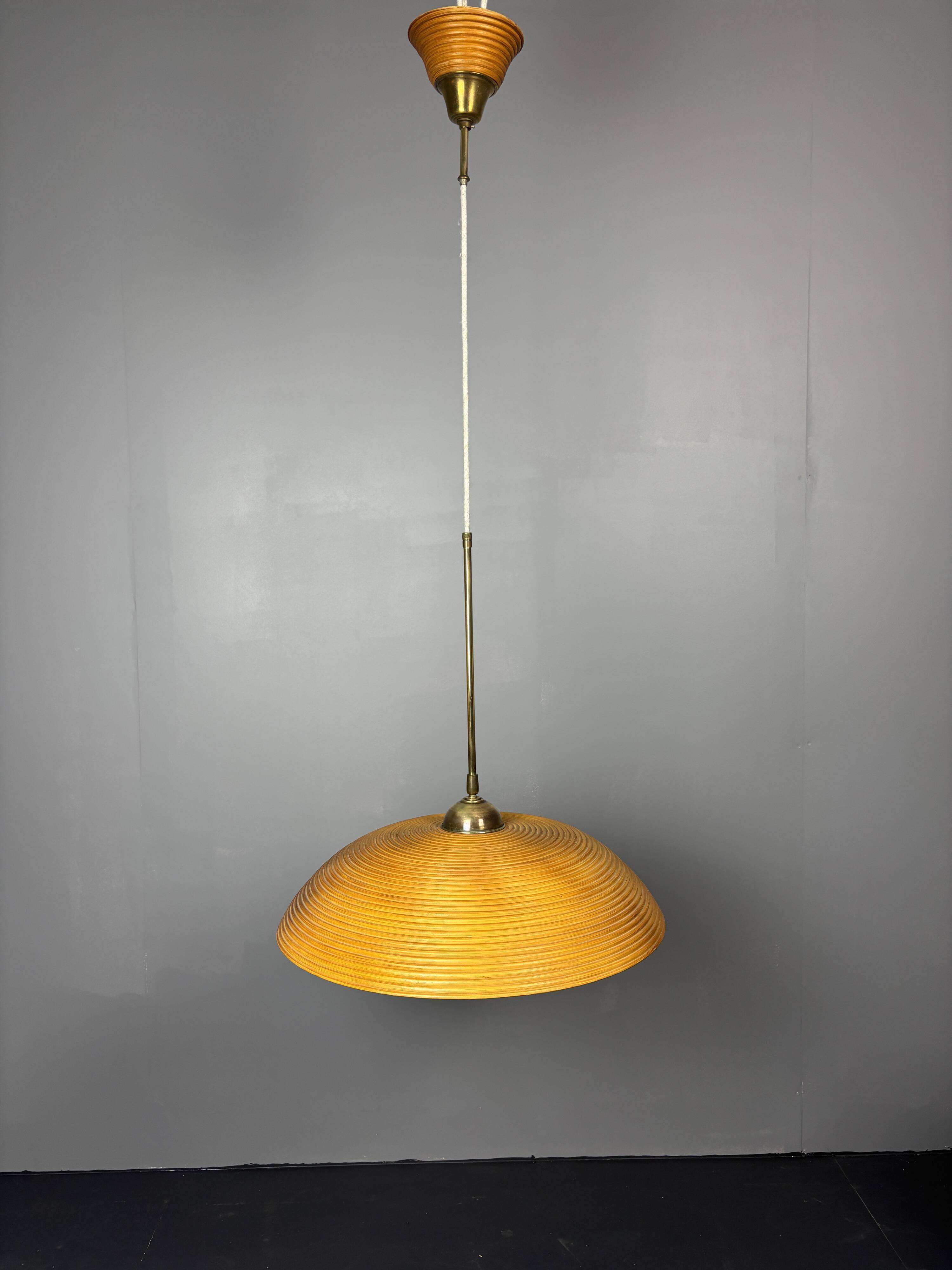 Set of 3 midcentury rattan bamboo pencil reed hanging pendants, Italy 1970s