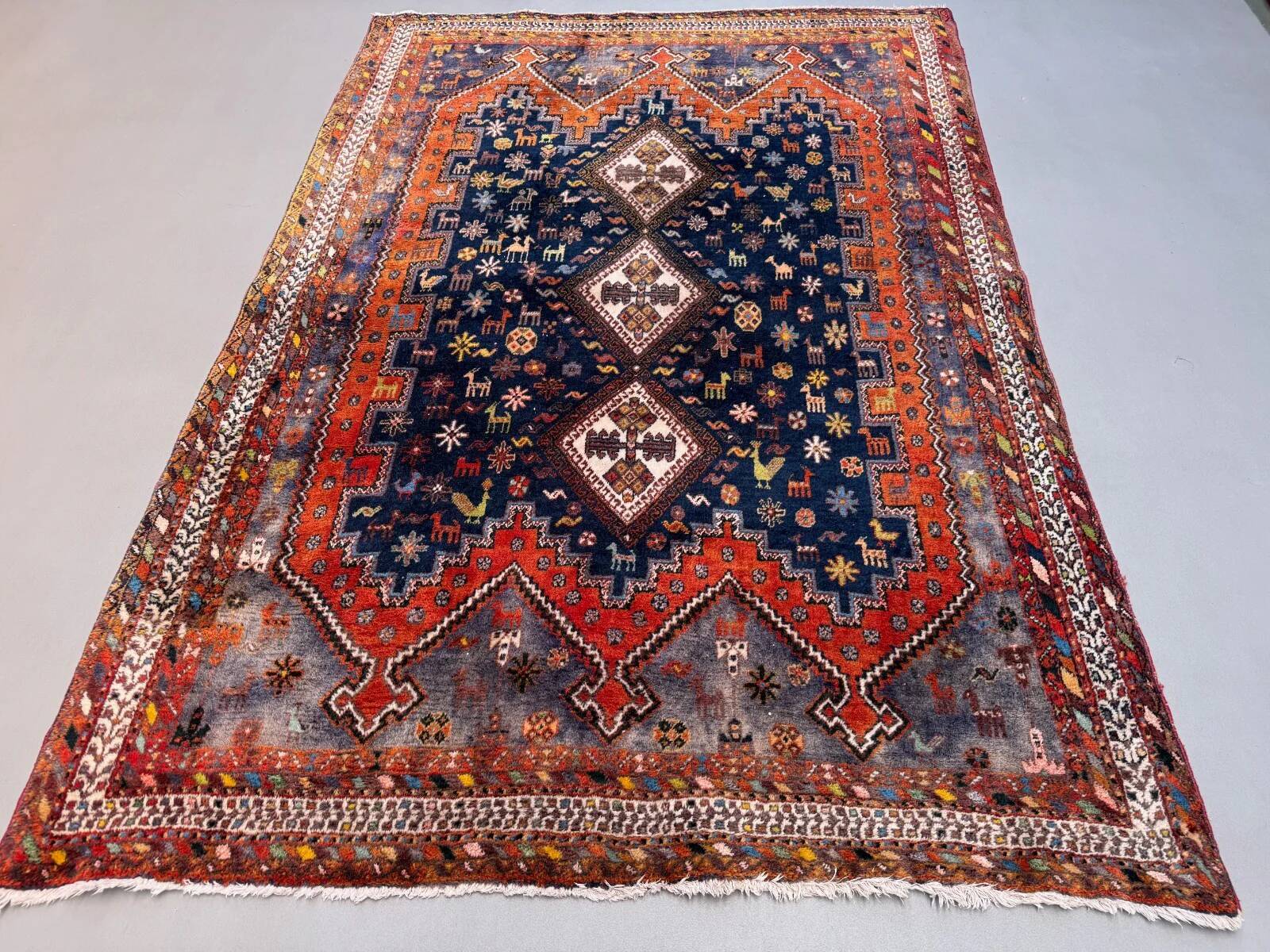 Vintage tribal rug 170x240 cm, wool oriental handmade rug large 2553