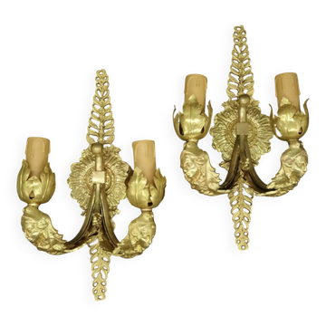 Paire d'appliques aux mascarons style Empire début 1900 - bronze doré
