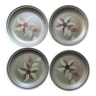 4 Revernay art workshop plates, enameled ceramics, hand-painted flowers