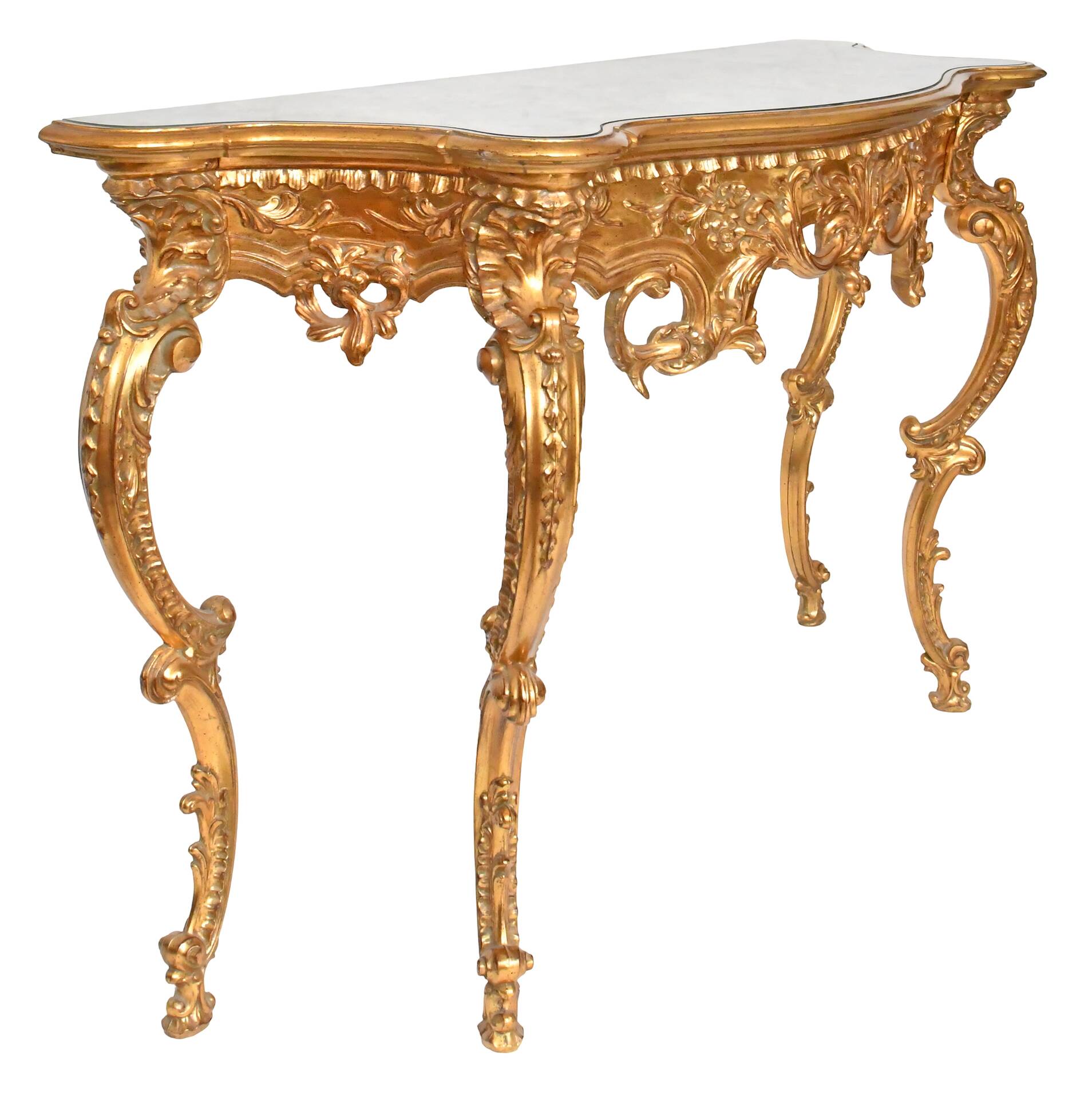 Console with a gilded wooden mirror.